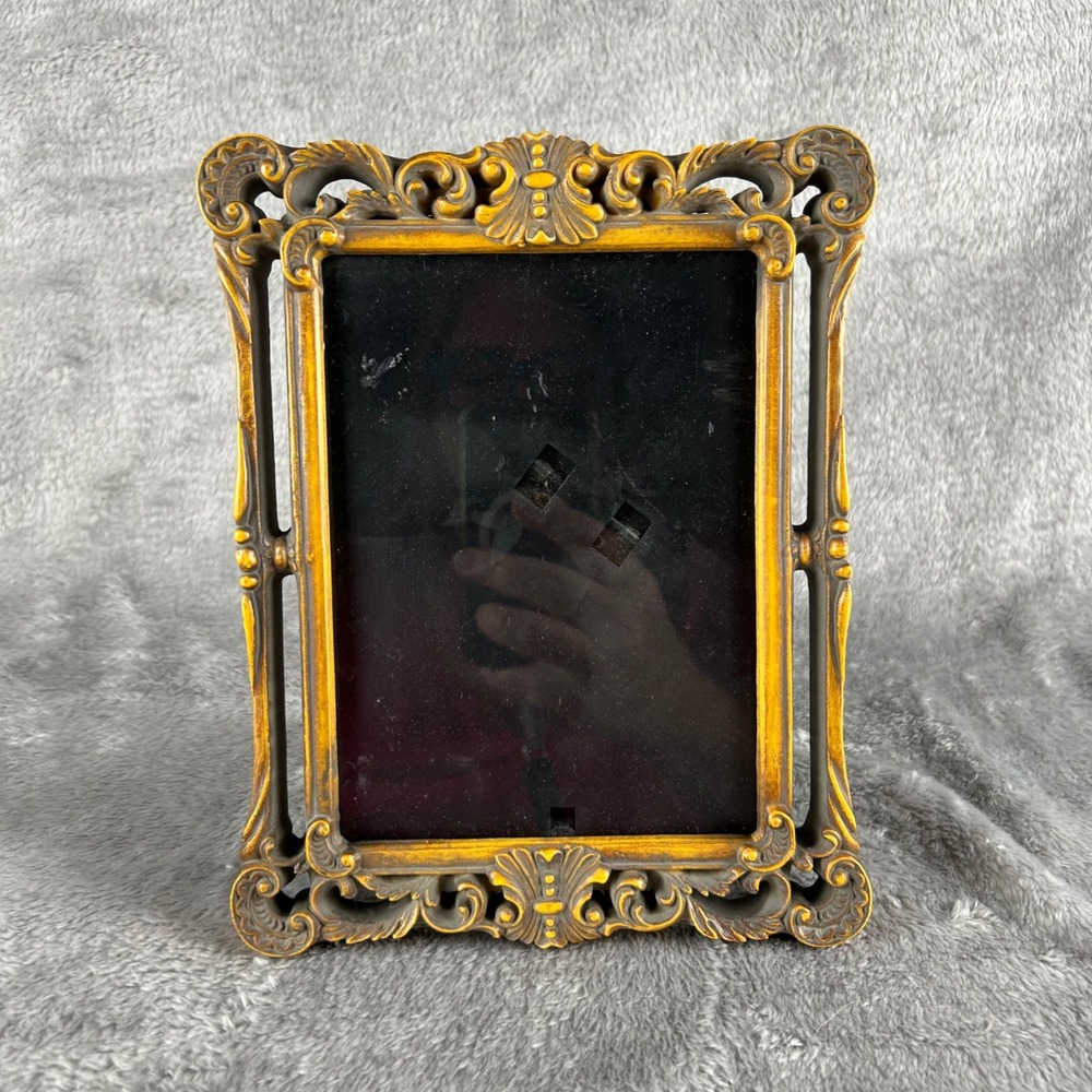 Vintage 90s Faux Wood Ornate Gold Picture Frame 5x7 Baroque Scroll Tabletop